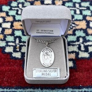 St. Sebastian Sterling Silver Oval Religious Medal Necklace 20” Heavy Curb Chain